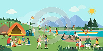 Happy kids enjoying summer camp together in the mountains Vector Illustration