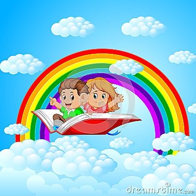 Happy kids flying on big open book with rainbow and cloud background Vector Illustration