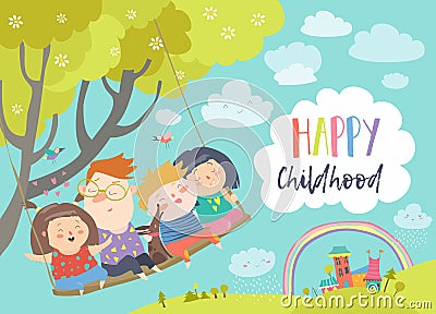 Happy kids flying on a swing Vector Illustration