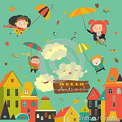 Happy kids flying with umbrellas under the city Vector Illustration