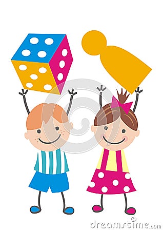 Happy kids and game dice and figurine, eps. Vector Illustration