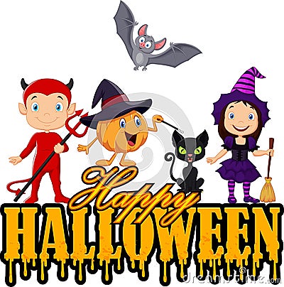 Happy kids with Halloween costume isolated on white background Vector Illustration