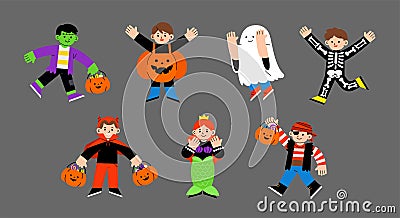 Happy kids in Halloween costume for Trick or Treat on white background. Vector Illustration