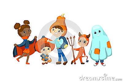 Happy kids in Halloween costume vector illustration on white background. Children friends dressed for Halloween party Cartoon Illustration