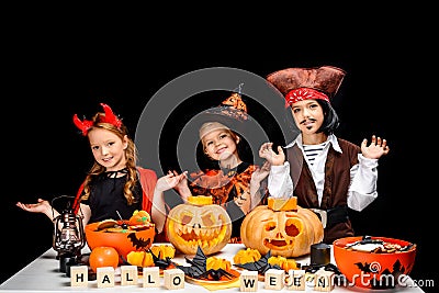 Kids with halloween pumpkins Stock Photo