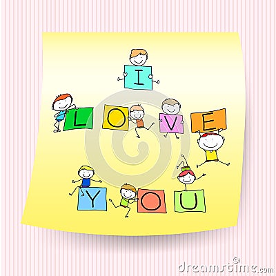 Happy kids hand drawing character with love words on sticker not Vector Illustration