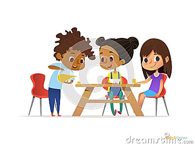 Happy kids having breakfast by themselves. Two girls eating morning meals at table and boy pouring drink into glass. Child nutriti Vector Illustration