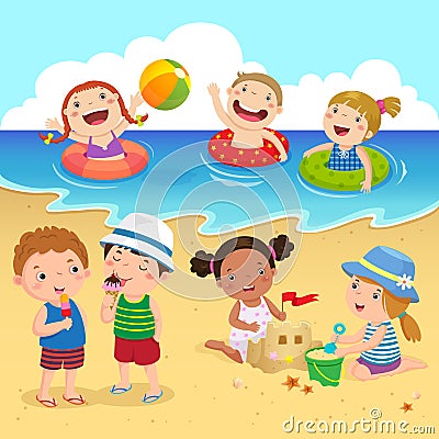 Happy kids having fun on the beach Vector Illustration