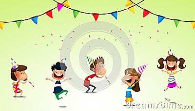 Happy kids jumping together during a sunny day Vector Illustration