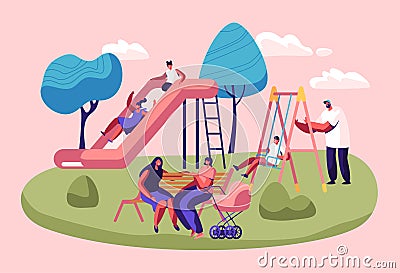 Happy Kids Having Fun Sliding on Outdoor Playground. Children Smiling, Playing on Slide, Active Games on Street. Summer Leisure Vector Illustration