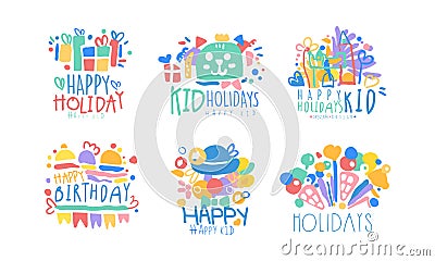 Happy Kids Holday Labels Design Collection, Happy Birthday Colorful Hand Drawn Templates Vector Illustration Vector Illustration