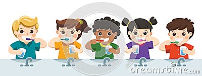 Happy Kids Holding Toothbrush and Glass of Water Brushing their Vector Illustration