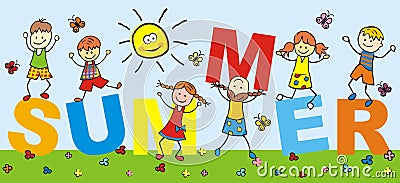 Happy kids, holiday, summer,word, banner Vector Illustration