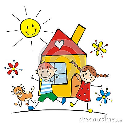 Happy kids and house, vector illustration Vector Illustration