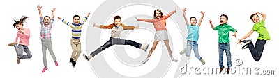Happy kids jumping in air over white background Stock Photo
