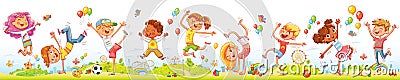 Happy kids jumping and dancing together on the entertainment amusement park Vector Illustration