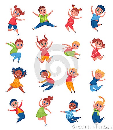 Happy kids jumping and laughing. Cheerful school girls and boys having fun, smiling. Joyful pre teen children jump Vector Illustration