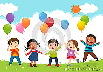 Happy kids jumping together and holding balloons Vector Illustration