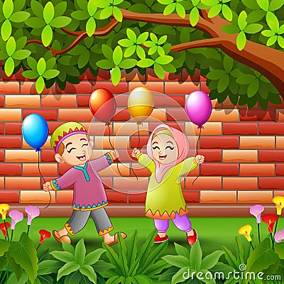 Happy kids muslim cartoon holding balloon under trees Vector Illustration