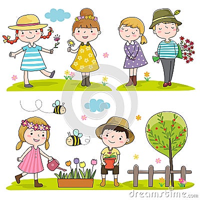 Happy kids outdoor in spring season Vector Illustration