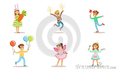 Happy Kids with Painted Faces and Festival Costumes Set, Cyte Boys and Girls Having Fun at Party Vector Illustration Vector Illustration