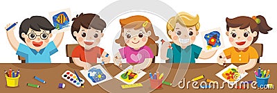 Happy kids painting in art class. Vector Illustration