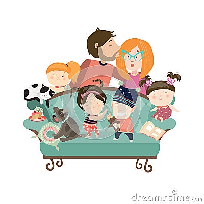 Happy kids with parents and pets Vector Illustration