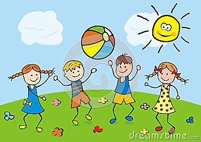 Happy kids play with a balloon on the meadow. Vector illustration. Vector Illustration