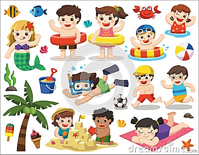 Happy kids playing on the beach and swimming. Vector Illustration