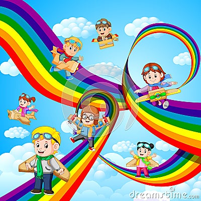 Happy kids playing cardboard plane flying over the rainbow Vector Illustration