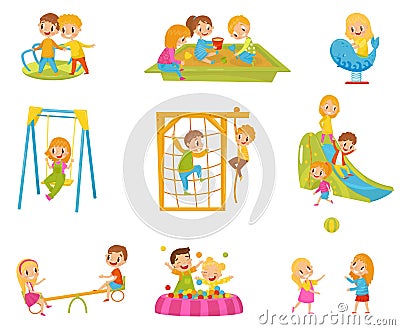 Happy kids playing outdoors set, children on a playground vector Illustrations on a white background Vector Illustration