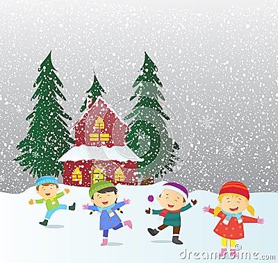 Happy kids playing outdoors in winter Vector Illustration