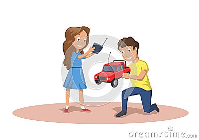 Happy kids playing with radio controlled cars. RC model. Cartoon vector illustration isolated on white background. Vector Illustration