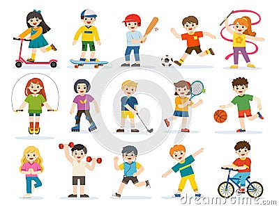 Happy kids playing sportive and enjoying different sports exercises. Vector Illustration