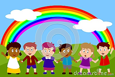 Happy Kids with Rainbow Vector Illustration