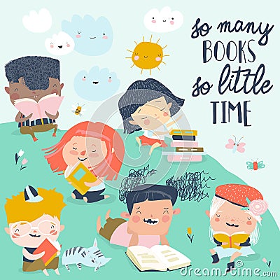 Happy kids reading books on green meadow Vector Illustration