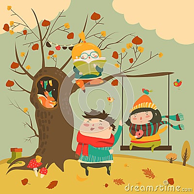 Happy kids ride on a swing in the autumn forest Vector Illustration