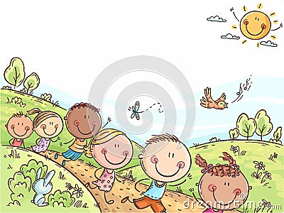 Happy kids running outdoors on a summer day, colorful background with a copy space Vector Illustration