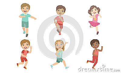 Happy Kids Running Set, Adorable Boys and Girls Doing Sport, Taking Part at Running Competition, Marathon Vector Vector Illustration