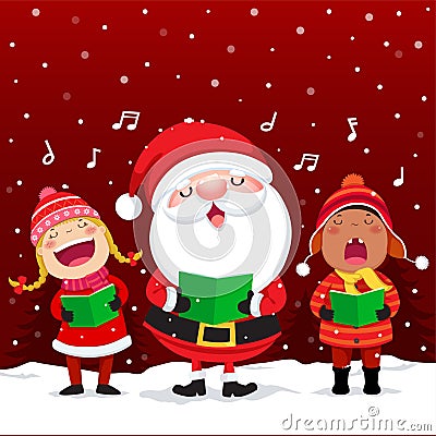 Happy kids with Santa Claus singing Christmas Carols Vector Illustration