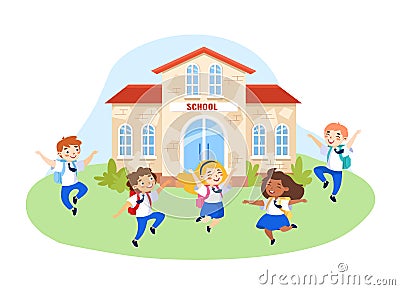 Happy Kids in School Uniform with Backpacks Jumping in School Yard. Schoolboys and Schoolgirls Characters Vector Illustration