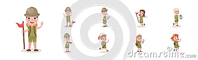 Happy Kids Scout with Flag and Backpack Hiking Enjoying Outdoor Adventure Vector Set Vector Illustration