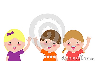 Happy kids shows Hands Up and Waving Hello, children boy and girl hi gesture, Isolated on white background Vector illustration. Vector Illustration