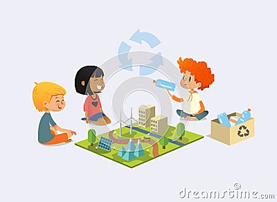Happy kids sit on floor in circle around toy model with wind and solar power plants, redhead boy demonstrates plastic Vector Illustration