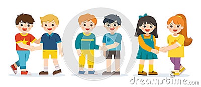 Happy Kids standing and shaking hands making peace. Happy kids best friends. Vector Illustration