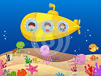 Happy kids in submarine Vector Illustration