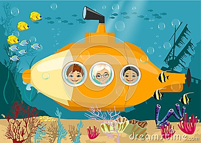 Happy kids in submarine underwater Vector Illustration