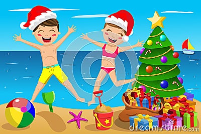 Happy Kids swimsuit xmas hat playing jumping tropical beach christmas Vector Illustration