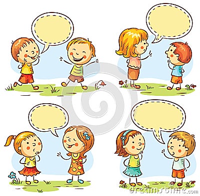 Happy kids talking and showing different emotions, set of four scenes with speech bubbles Vector Illustration