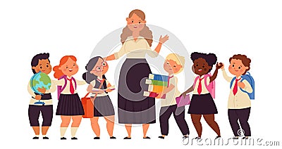 Happy kids with teacher. Student college teacher, cartoon kid of elementary school. Diverse boy girl group, education Vector Illustration